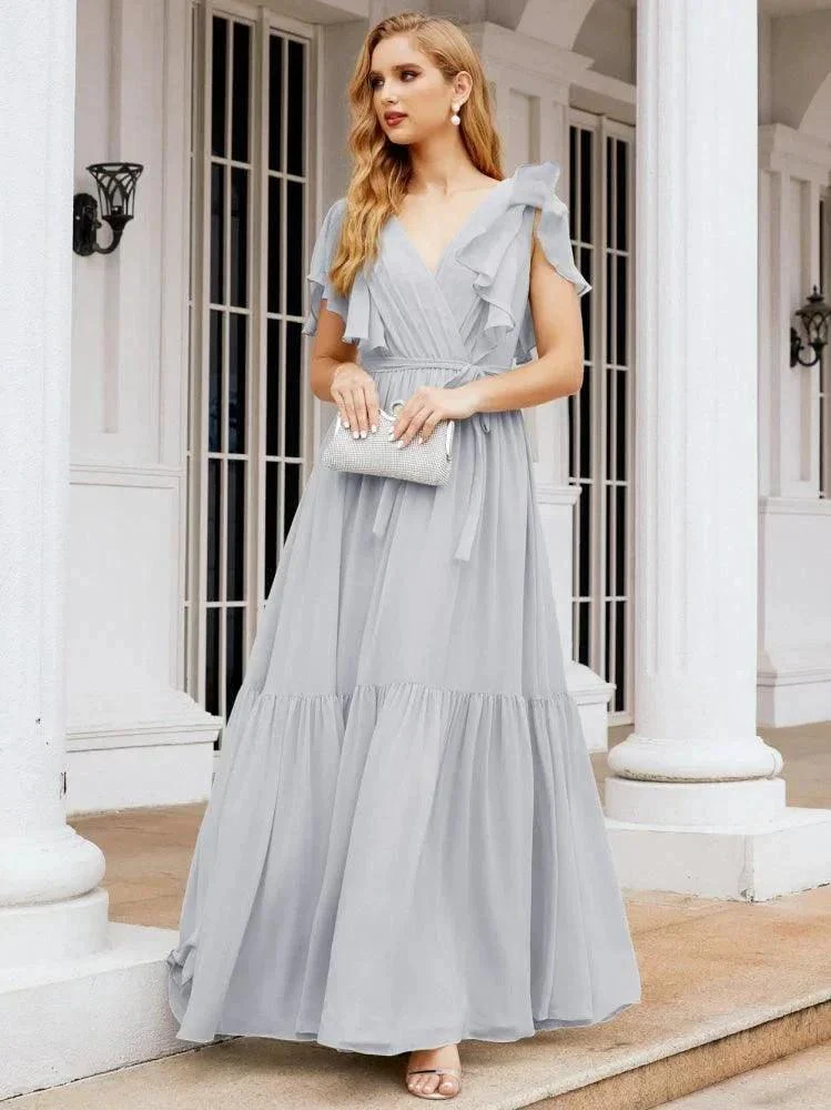 Numbersea Women's Open Back Formal Evening Party Prom Gowns V-Neck Long Chiffon Bridesmaid Dresses with Waist Belt 28038 - Image 7