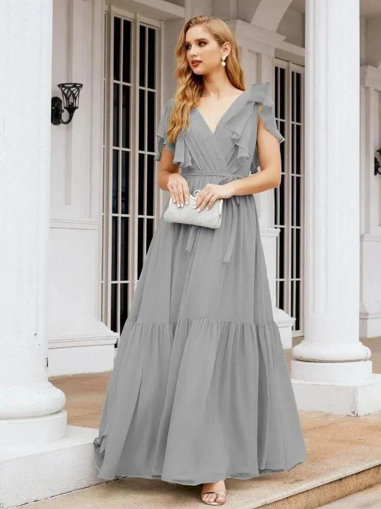 Numbersea Women's Open Back Formal Evening Party Prom Gowns V-Neck Long Chiffon Bridesmaid Dresses with Waist Belt 28038 - Image 73
