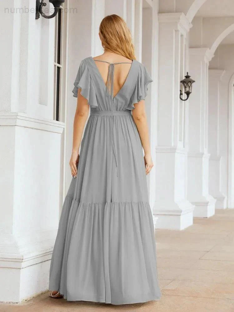 Numbersea Women's Open Back Formal Evening Party Prom Gowns V-Neck Long Chiffon Bridesmaid Dresses with Waist Belt 28038 - Image 74