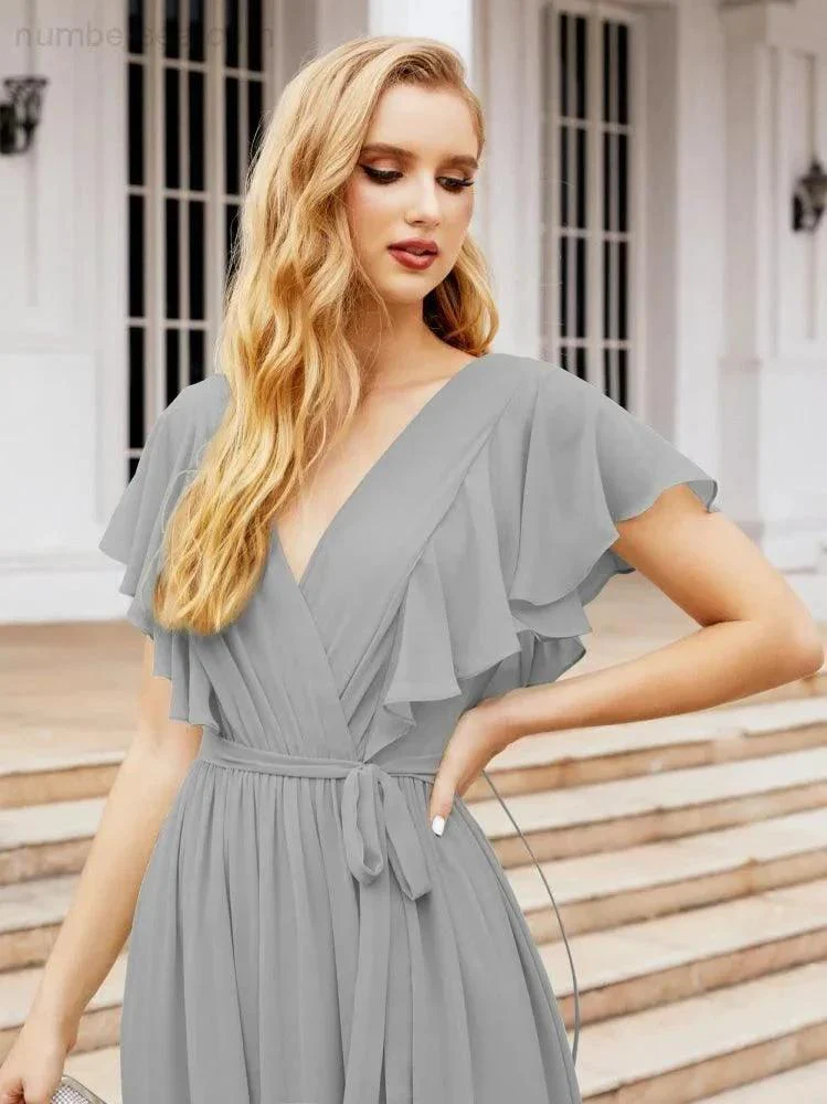 Numbersea Women's Open Back Formal Evening Party Prom Gowns V-Neck Long Chiffon Bridesmaid Dresses with Waist Belt 28038 - Image 75