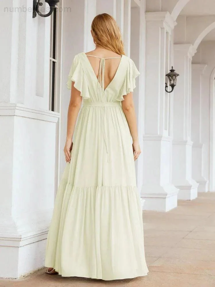 Numbersea Women's Open Back Formal Evening Party Prom Gowns V-Neck Long Chiffon Bridesmaid Dresses with Waist Belt 28038 - Image 77
