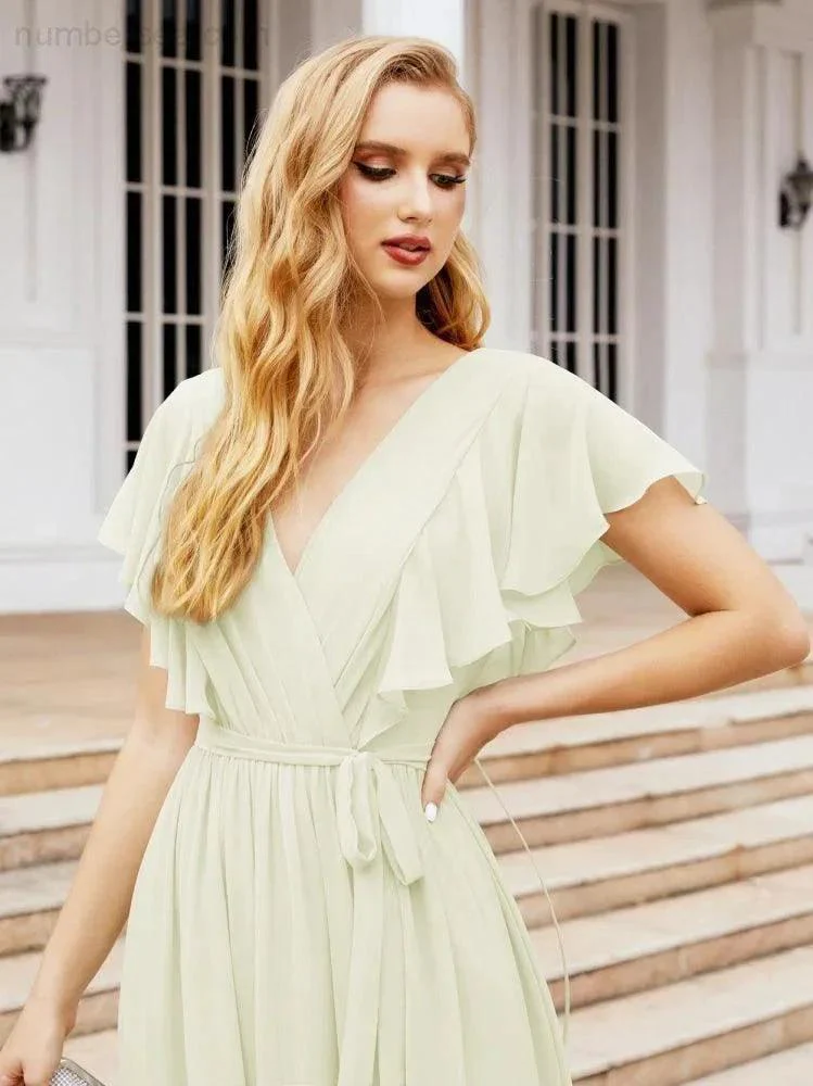 Numbersea Women's Open Back Formal Evening Party Prom Gowns V-Neck Long Chiffon Bridesmaid Dresses with Waist Belt 28038 - Image 78