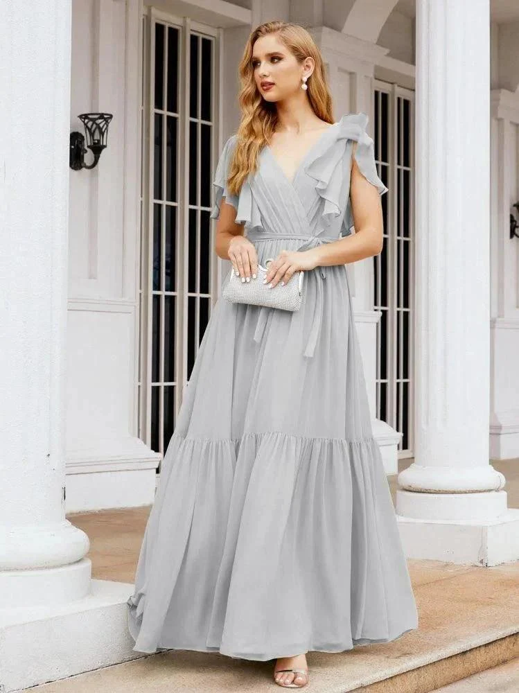 Numbersea Women's Open Back Formal Evening Party Prom Gowns V-Neck Long Chiffon Bridesmaid Dresses with Waist Belt 28038 - Image 79