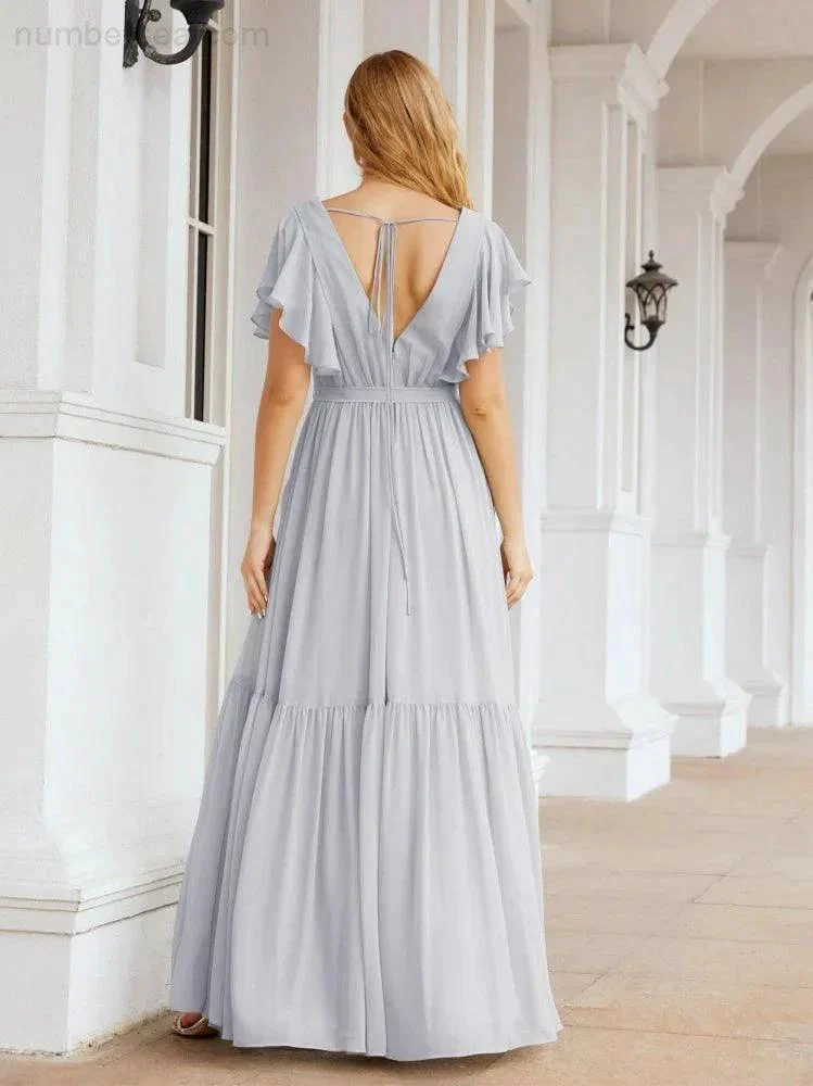 Numbersea Women's Open Back Formal Evening Party Prom Gowns V-Neck Long Chiffon Bridesmaid Dresses with Waist Belt 28038 - Image 8