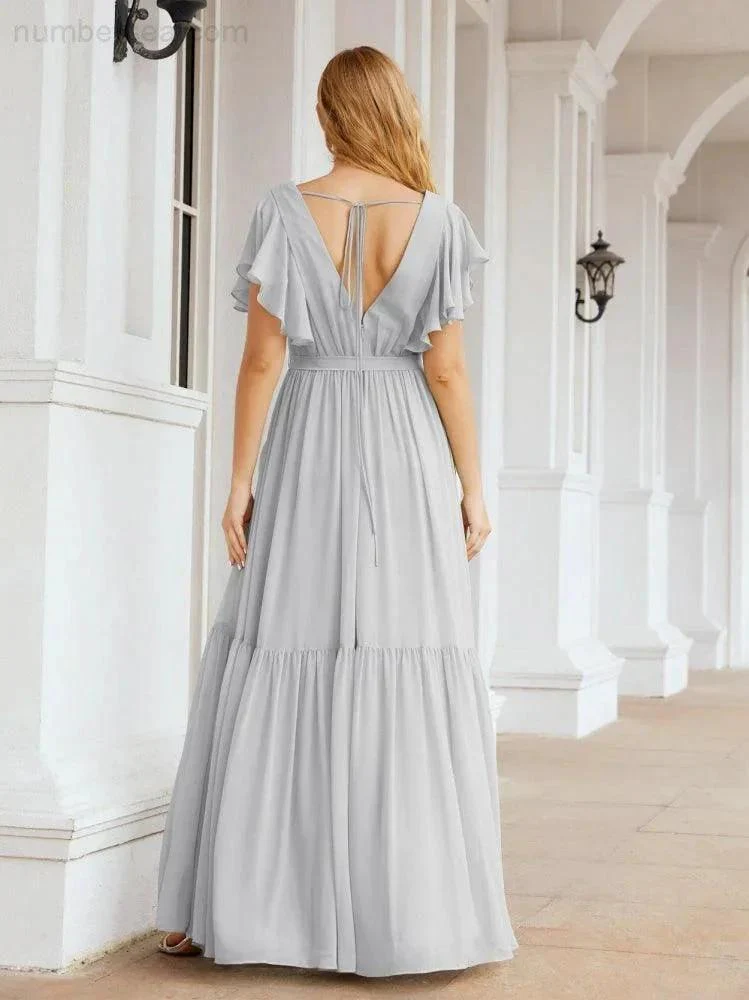 Numbersea Women's Open Back Formal Evening Party Prom Gowns V-Neck Long Chiffon Bridesmaid Dresses with Waist Belt 28038 - Image 80