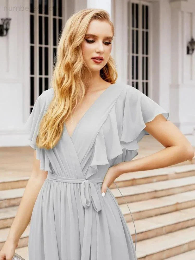 Numbersea Women's Open Back Formal Evening Party Prom Gowns V-Neck Long Chiffon Bridesmaid Dresses with Waist Belt 28038 - Image 81
