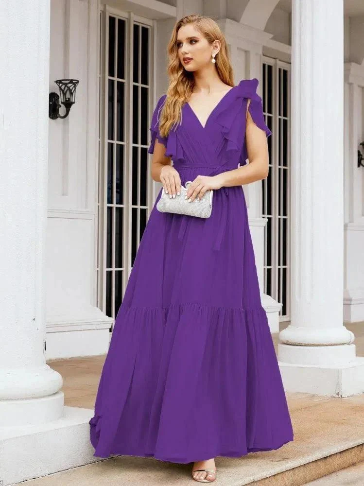 Numbersea Women's Open Back Formal Evening Party Prom Gowns V-Neck Long Chiffon Bridesmaid Dresses with Waist Belt 28038 - Image 82