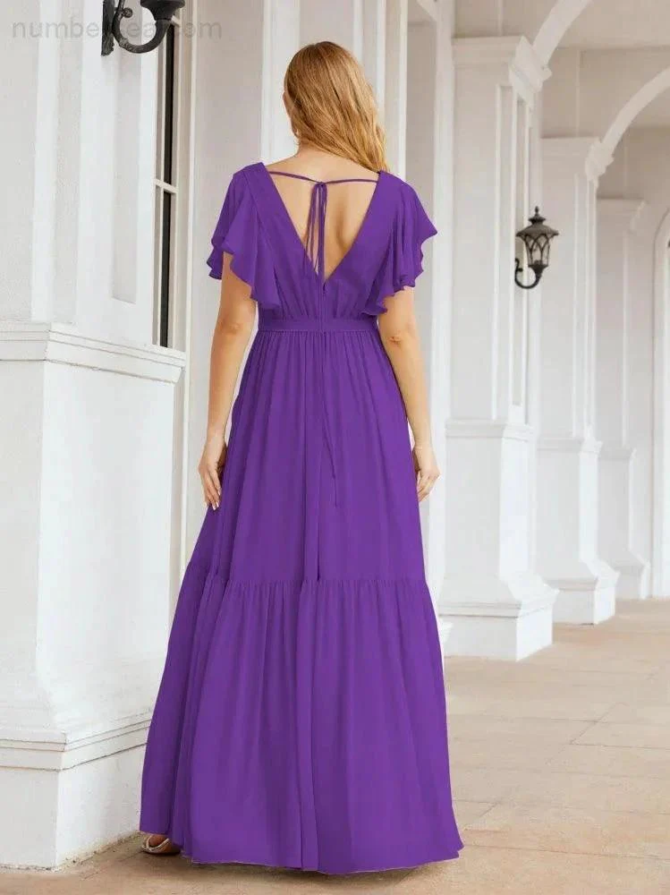Numbersea Women's Open Back Formal Evening Party Prom Gowns V-Neck Long Chiffon Bridesmaid Dresses with Waist Belt 28038 - Image 83