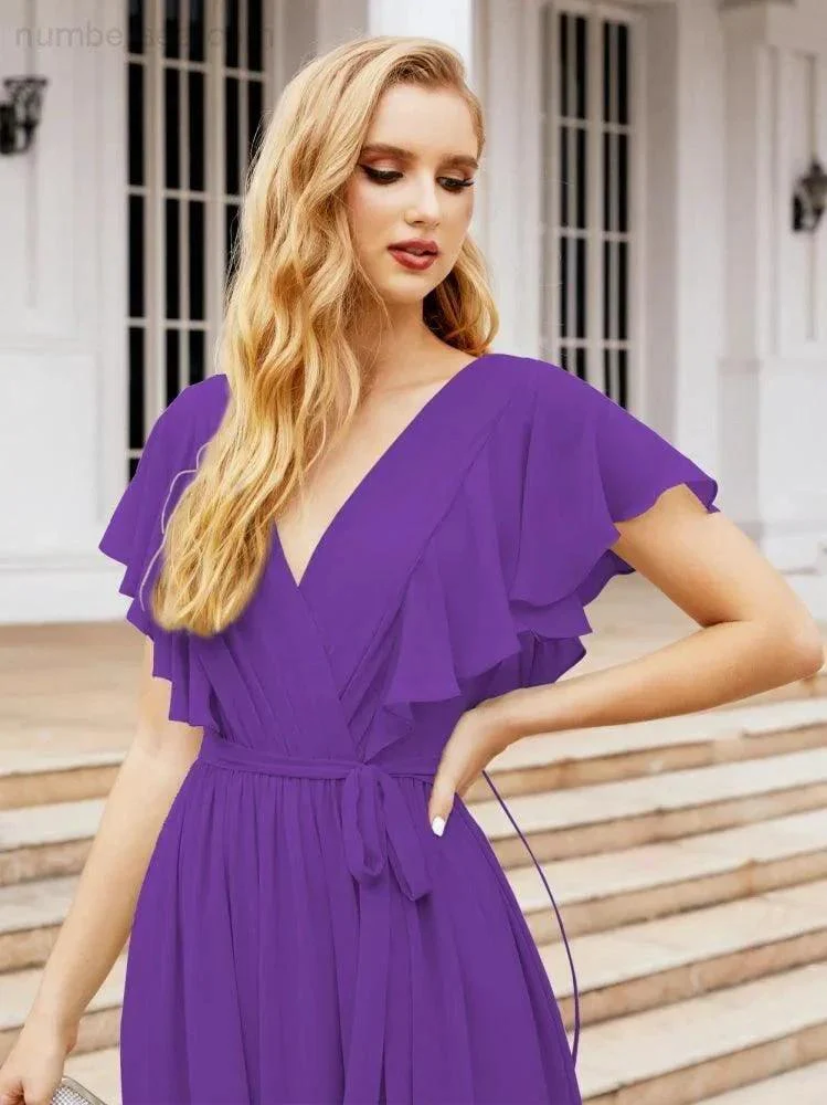 Numbersea Women's Open Back Formal Evening Party Prom Gowns V-Neck Long Chiffon Bridesmaid Dresses with Waist Belt 28038 - Image 84