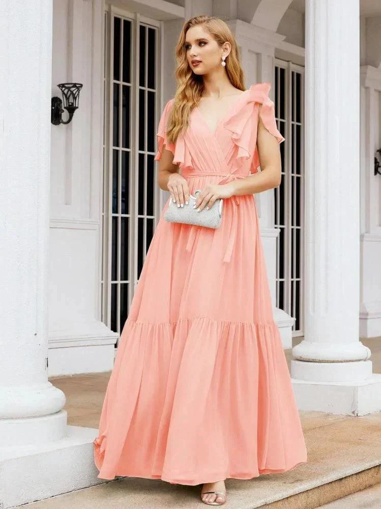 Numbersea Women's Open Back Formal Evening Party Prom Gowns V-Neck Long Chiffon Bridesmaid Dresses with Waist Belt 28038 - Image 85