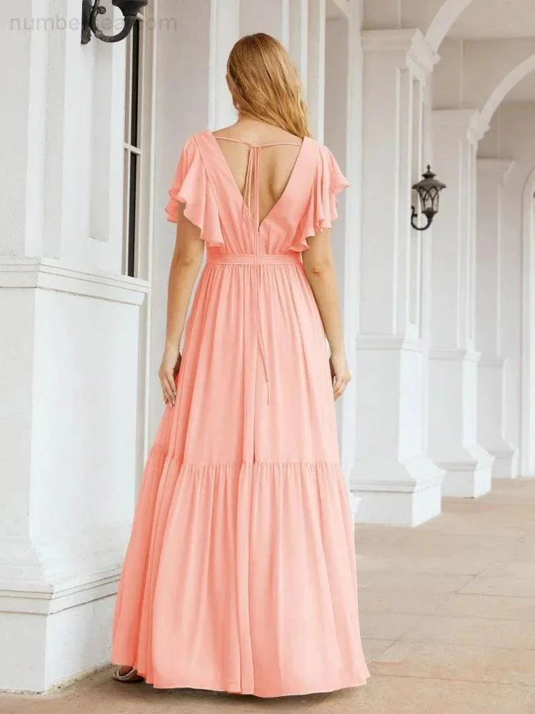 Numbersea Women's Open Back Formal Evening Party Prom Gowns V-Neck Long Chiffon Bridesmaid Dresses with Waist Belt 28038 - Image 86