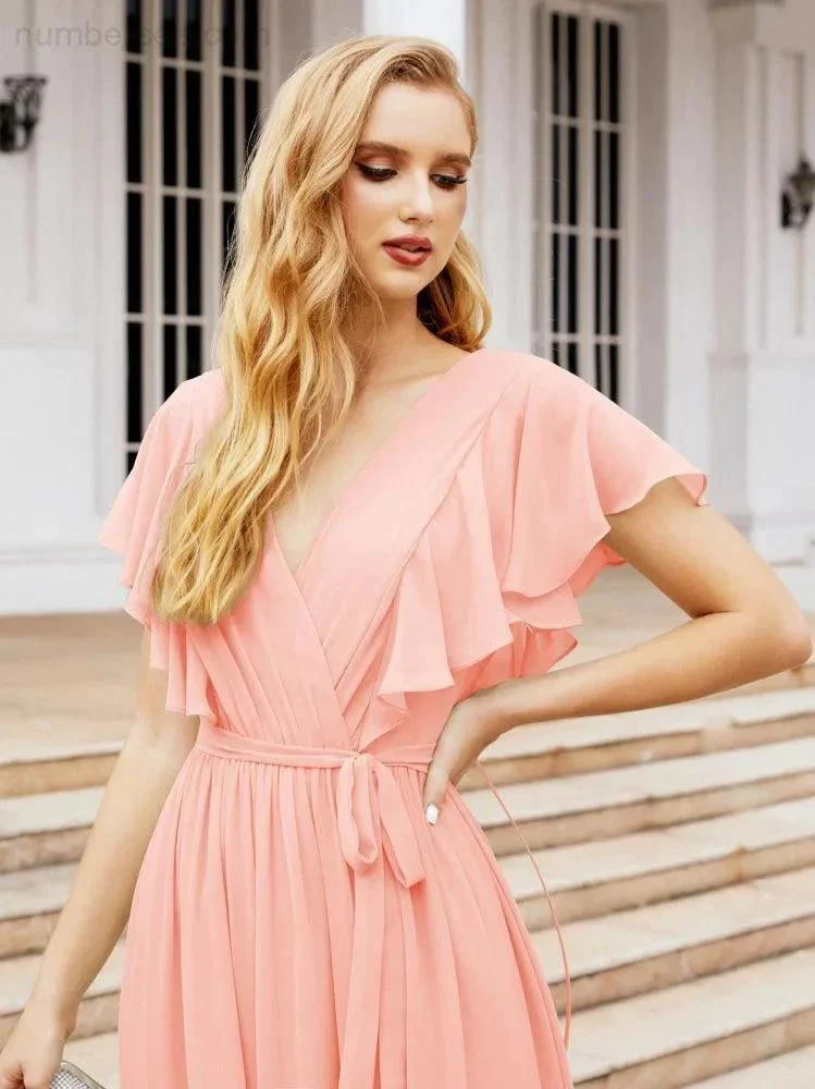 Numbersea Women's Open Back Formal Evening Party Prom Gowns V-Neck Long Chiffon Bridesmaid Dresses with Waist Belt 28038 - Image 87