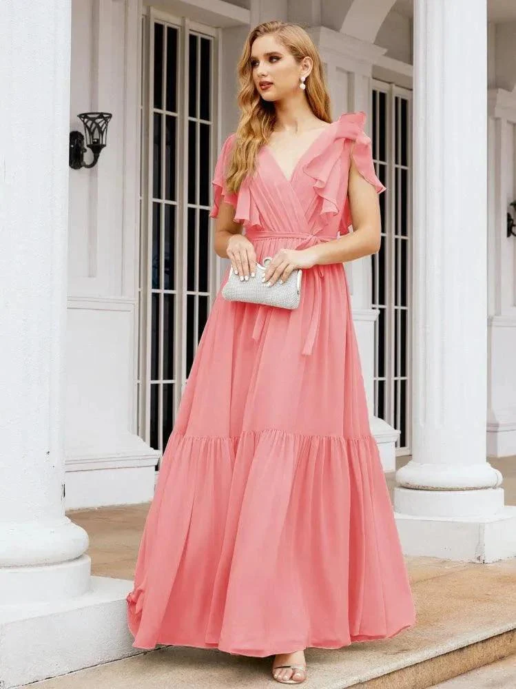 Numbersea Women's Open Back Formal Evening Party Prom Gowns V-Neck Long Chiffon Bridesmaid Dresses with Waist Belt 28038 - Image 88
