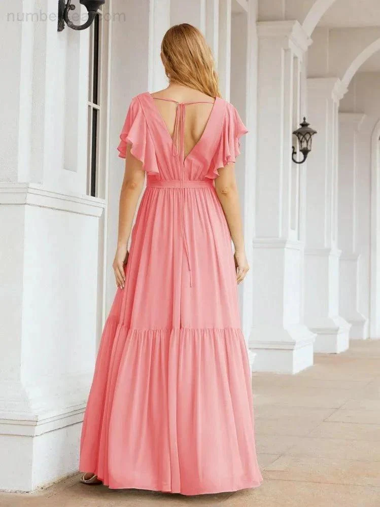 Numbersea Women's Open Back Formal Evening Party Prom Gowns V-Neck Long Chiffon Bridesmaid Dresses with Waist Belt 28038 - Image 89