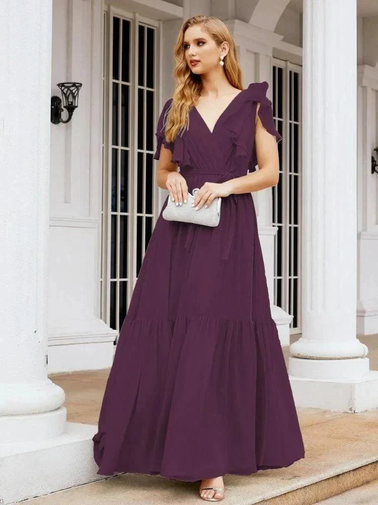 Numbersea Women's Open Back Formal Evening Party Prom Gowns V-Neck Long Chiffon Bridesmaid Dresses with Waist Belt 28038 - Image 91