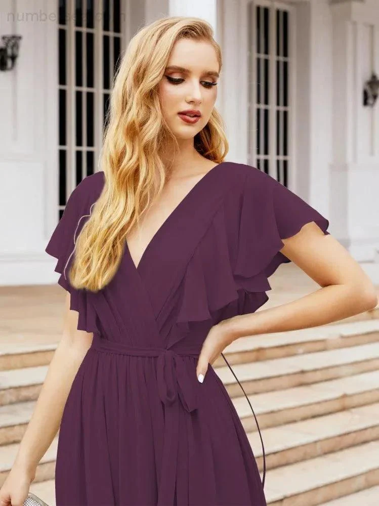 Numbersea Women's Open Back Formal Evening Party Prom Gowns V-Neck Long Chiffon Bridesmaid Dresses with Waist Belt 28038 - Image 93