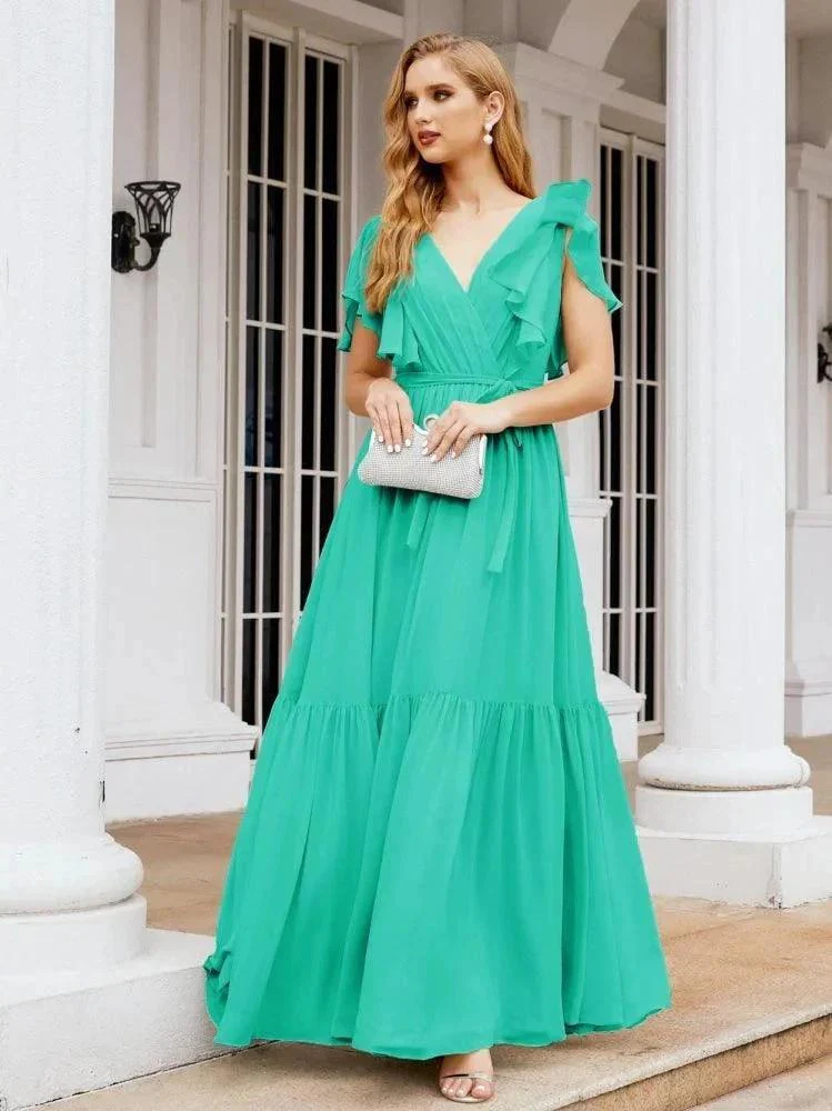 Numbersea Women's Open Back Formal Evening Party Prom Gowns V-Neck Long Chiffon Bridesmaid Dresses with Waist Belt 28038 - Image 94