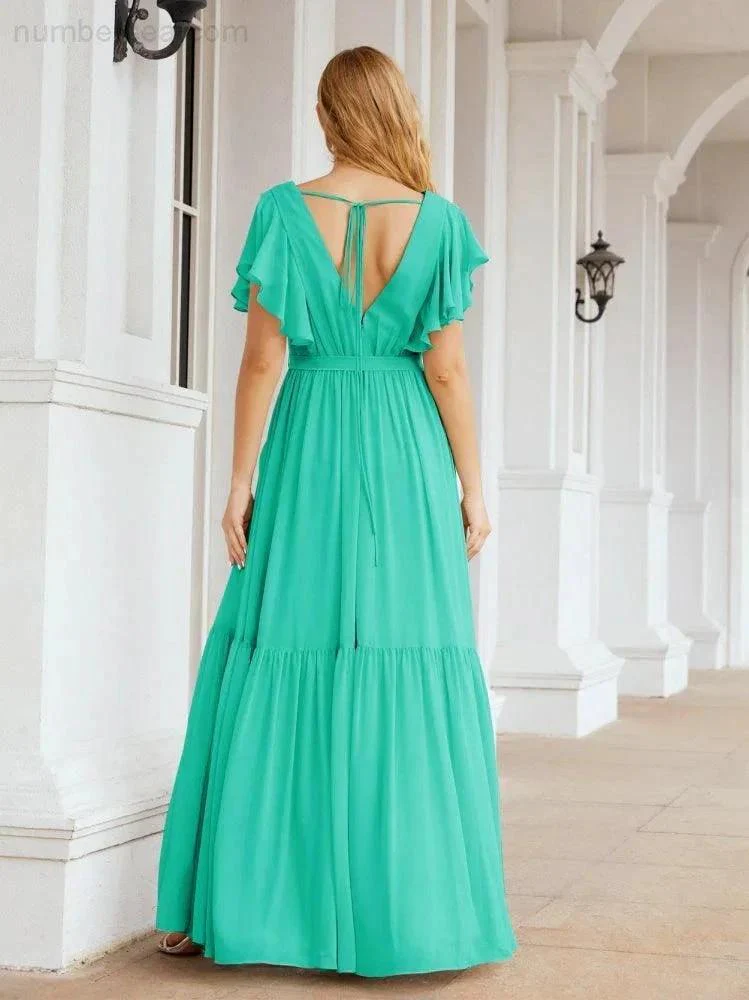 Numbersea Women's Open Back Formal Evening Party Prom Gowns V-Neck Long Chiffon Bridesmaid Dresses with Waist Belt 28038 - Image 95