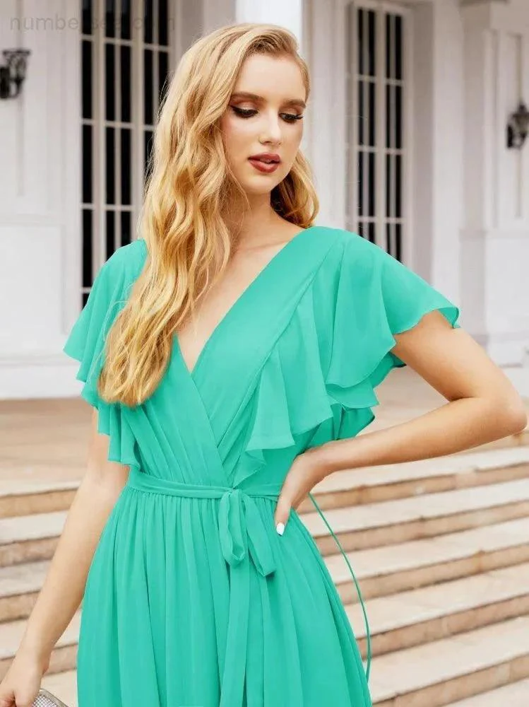 Numbersea Women's Open Back Formal Evening Party Prom Gowns V-Neck Long Chiffon Bridesmaid Dresses with Waist Belt 28038 - Image 96
