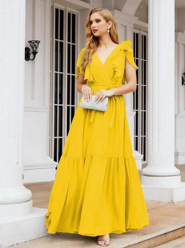 Numbersea Women's Open Back Formal Evening Party Prom Gowns V-Neck Long Chiffon Bridesmaid Dresses with Waist Belt 28038 - Image 97