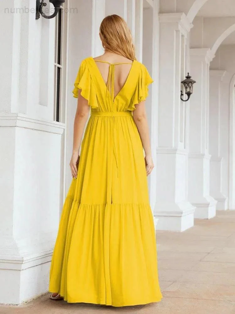 Numbersea Women's Open Back Formal Evening Party Prom Gowns V-Neck Long Chiffon Bridesmaid Dresses with Waist Belt 28038 - Image 98