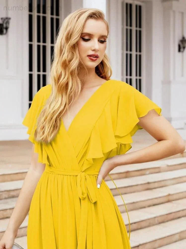 Numbersea Women's Open Back Formal Evening Party Prom Gowns V-Neck Long Chiffon Bridesmaid Dresses with Waist Belt 28038 - Image 99