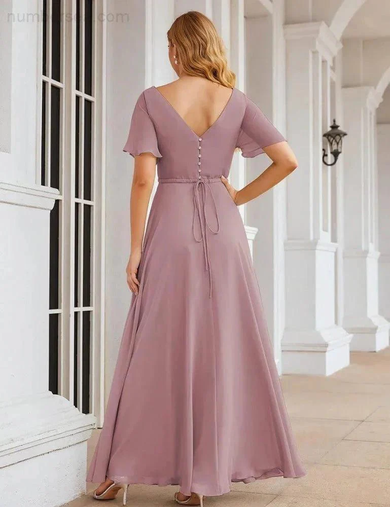 Numbersea Wrap V-Neck Chiffon Bridesmaid Dresses Long Formal Maxi Evening Gown for Wedding Guests  SEA28049 - Image 17