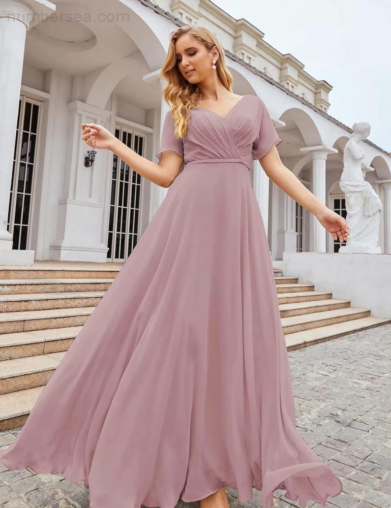 Numbersea Wrap V-Neck Chiffon Bridesmaid Dresses Long Formal Maxi Evening Gown for Wedding Guests  SEA28049 - Image 18