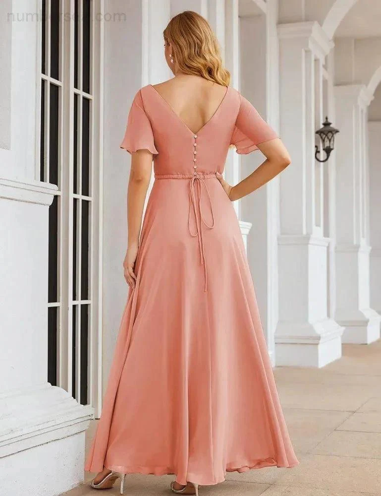 Numbersea Wrap V-Neck Chiffon Bridesmaid Dresses Long Formal Maxi Evening Gown for Wedding Guests  SEA28049 - Image 2