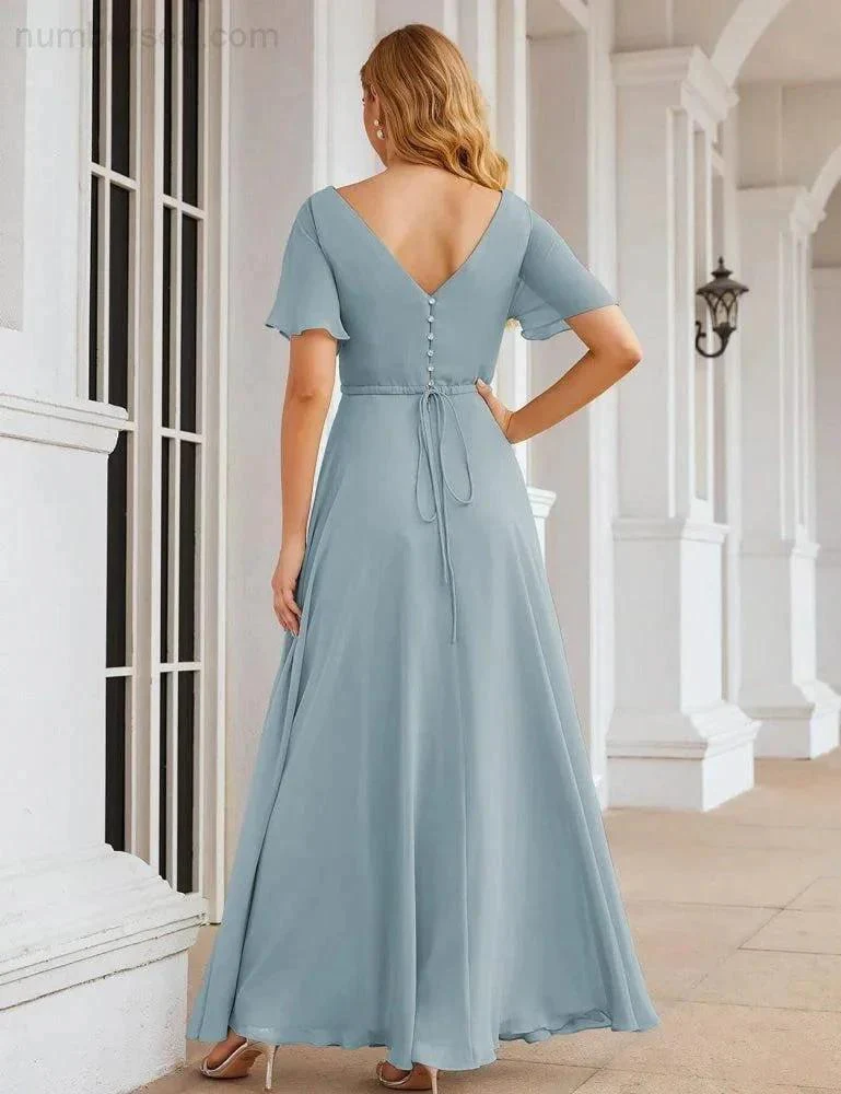 Numbersea Wrap V-Neck Chiffon Bridesmaid Dresses Long Formal Maxi Evening Gown for Wedding Guests  SEA28049 - Image 22
