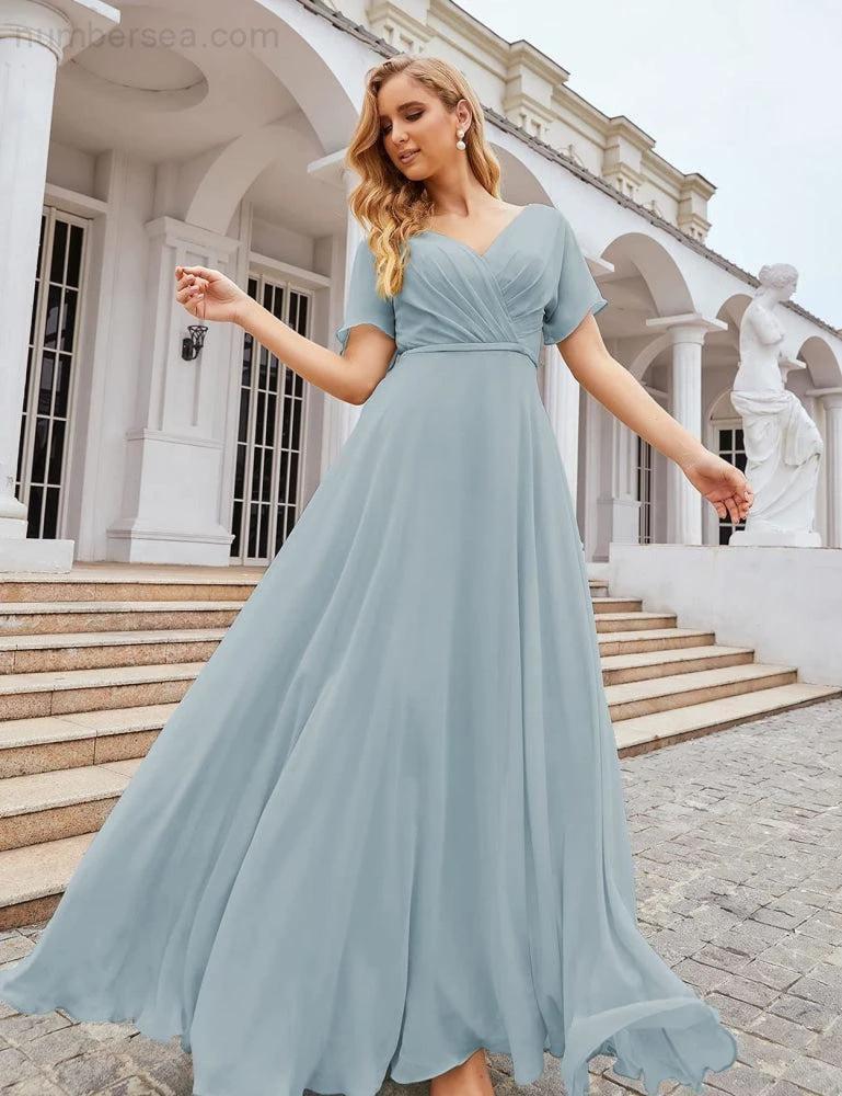 Numbersea Wrap V-Neck Chiffon Bridesmaid Dresses Long Formal Maxi Evening Gown for Wedding Guests  SEA28049 - Image 23