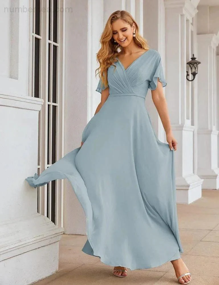 Numbersea Wrap V-Neck Chiffon Bridesmaid Dresses Long Formal Maxi Evening Gown for Wedding Guests  SEA28049 - Image 25