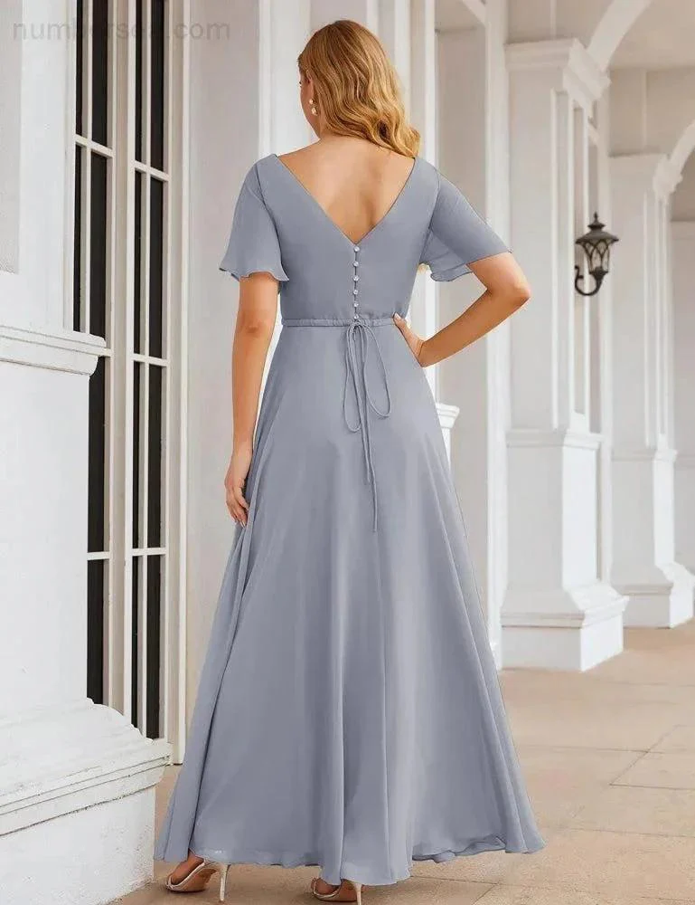 Numbersea Wrap V-Neck Chiffon Bridesmaid Dresses Long Formal Maxi Evening Gown for Wedding Guests  SEA28049 - Image 27