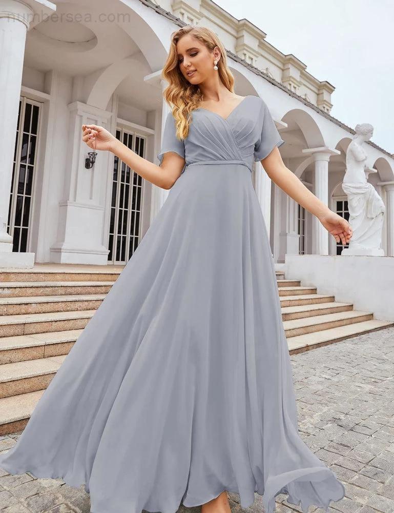 Numbersea Wrap V-Neck Chiffon Bridesmaid Dresses Long Formal Maxi Evening Gown for Wedding Guests  SEA28049 - Image 28