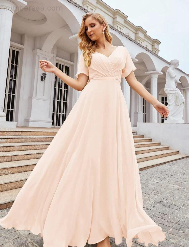 Numbersea Wrap V-Neck Chiffon Bridesmaid Dresses Long Formal Maxi Evening Gown for Wedding Guests  SEA28049 - Image 38
