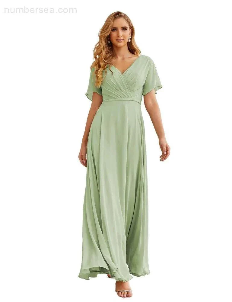 Numbersea Wrap V-Neck Chiffon Bridesmaid Dresses Long Formal Maxi Evening Gown for Wedding Guests  SEA28049 - Image 46