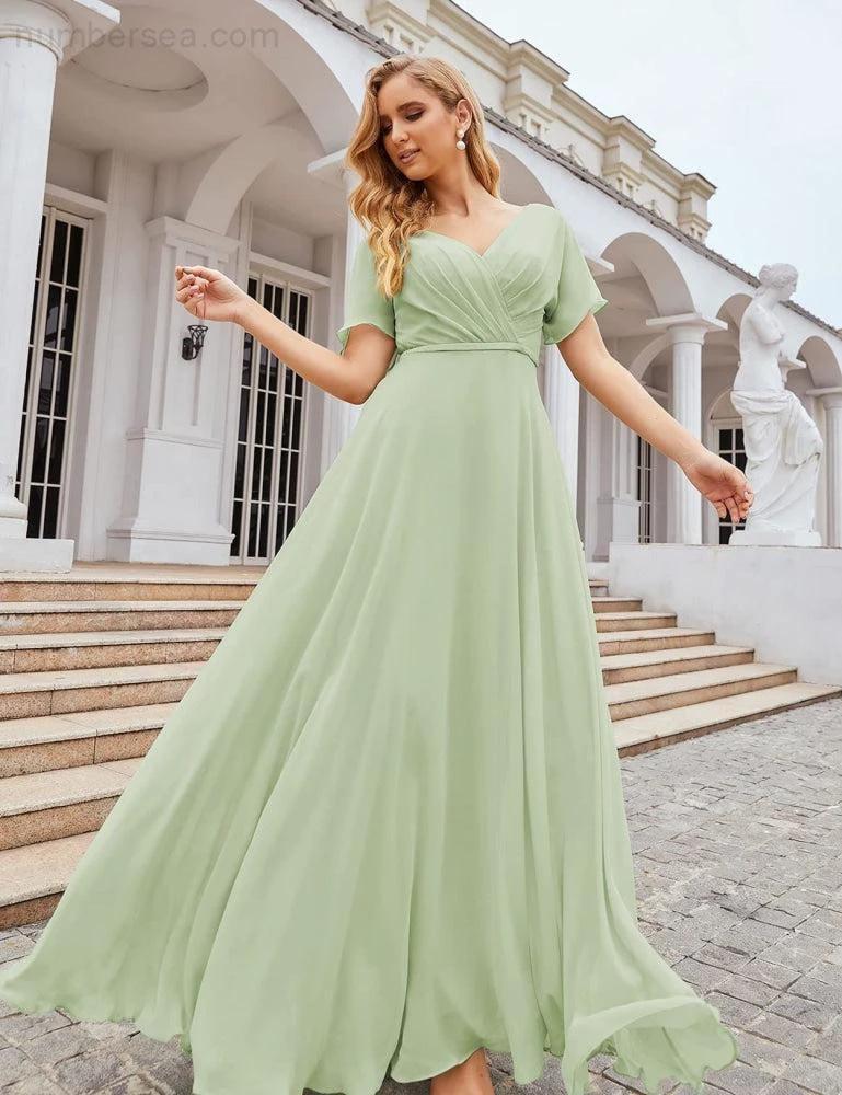 Numbersea Wrap V-Neck Chiffon Bridesmaid Dresses Long Formal Maxi Evening Gown for Wedding Guests  SEA28049 - Image 48