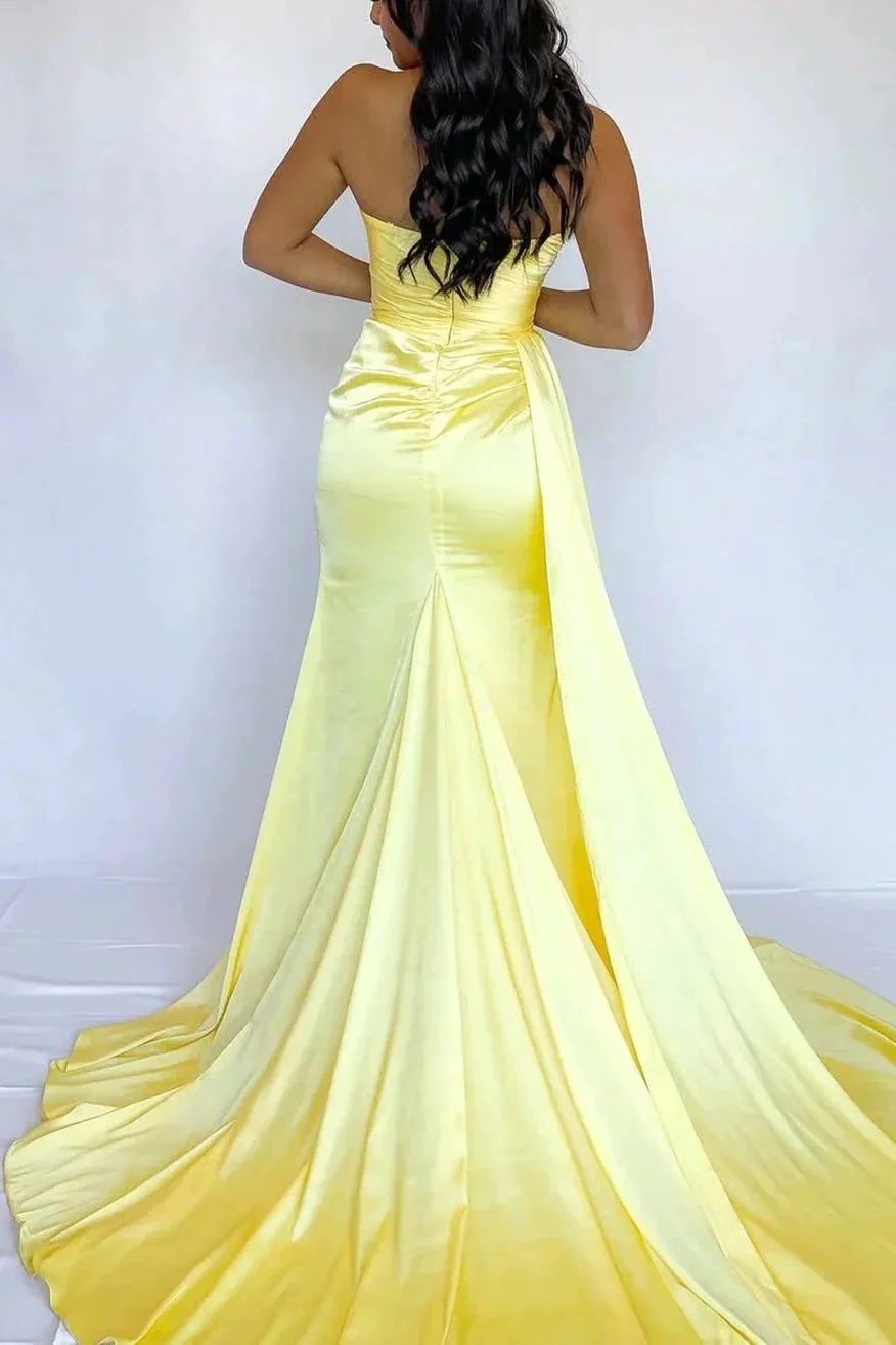 Nyah | Strapless Pleated Satin Sleeveless Formal Prom Dress With Slit - Image 4