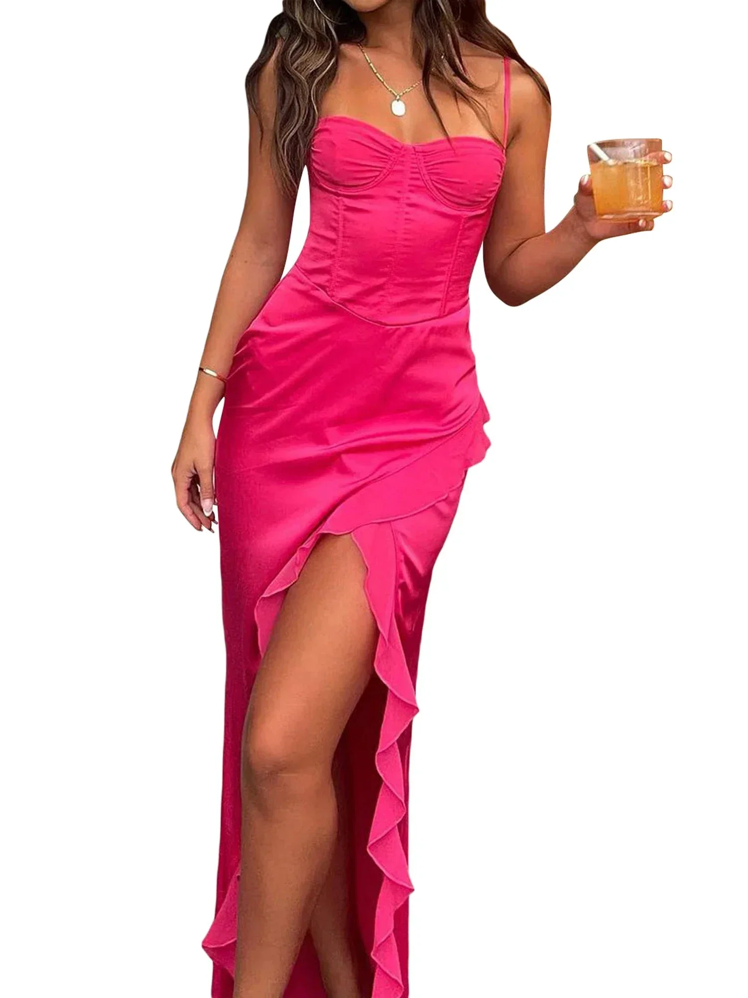 Nyx | Hot Pink Sheath Spaghetti Straps Long Prom Dresses With Split - Image 4