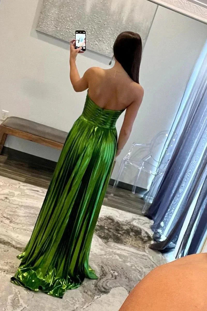 Oakley | Green Metallic Strapless Pleated A-Line Long Prom Dresses - Image 2