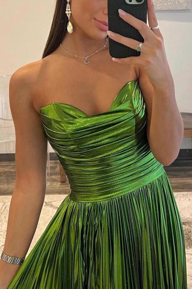 Oakley | Green Metallic Strapless Pleated A-Line Long Prom Dresses - Image 3