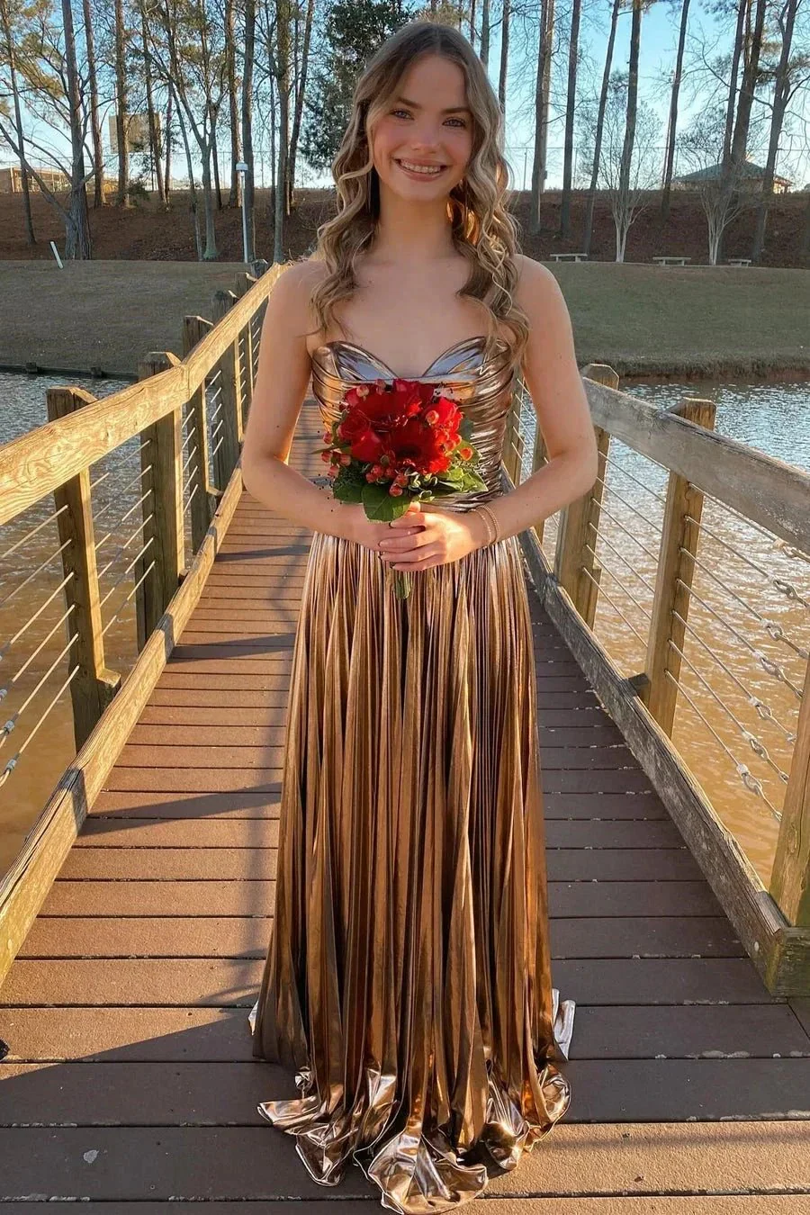 Oakley | Green Metallic Strapless Pleated A-Line Long Prom Dresses - Image 5