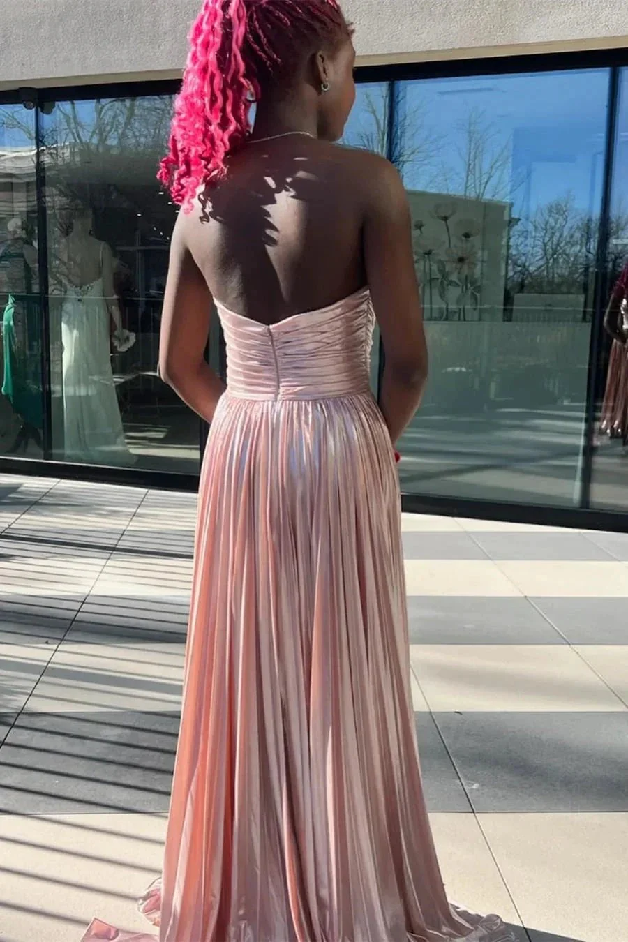 Oakley | Green Metallic Strapless Pleated A-Line Long Prom Dresses - Image 7
