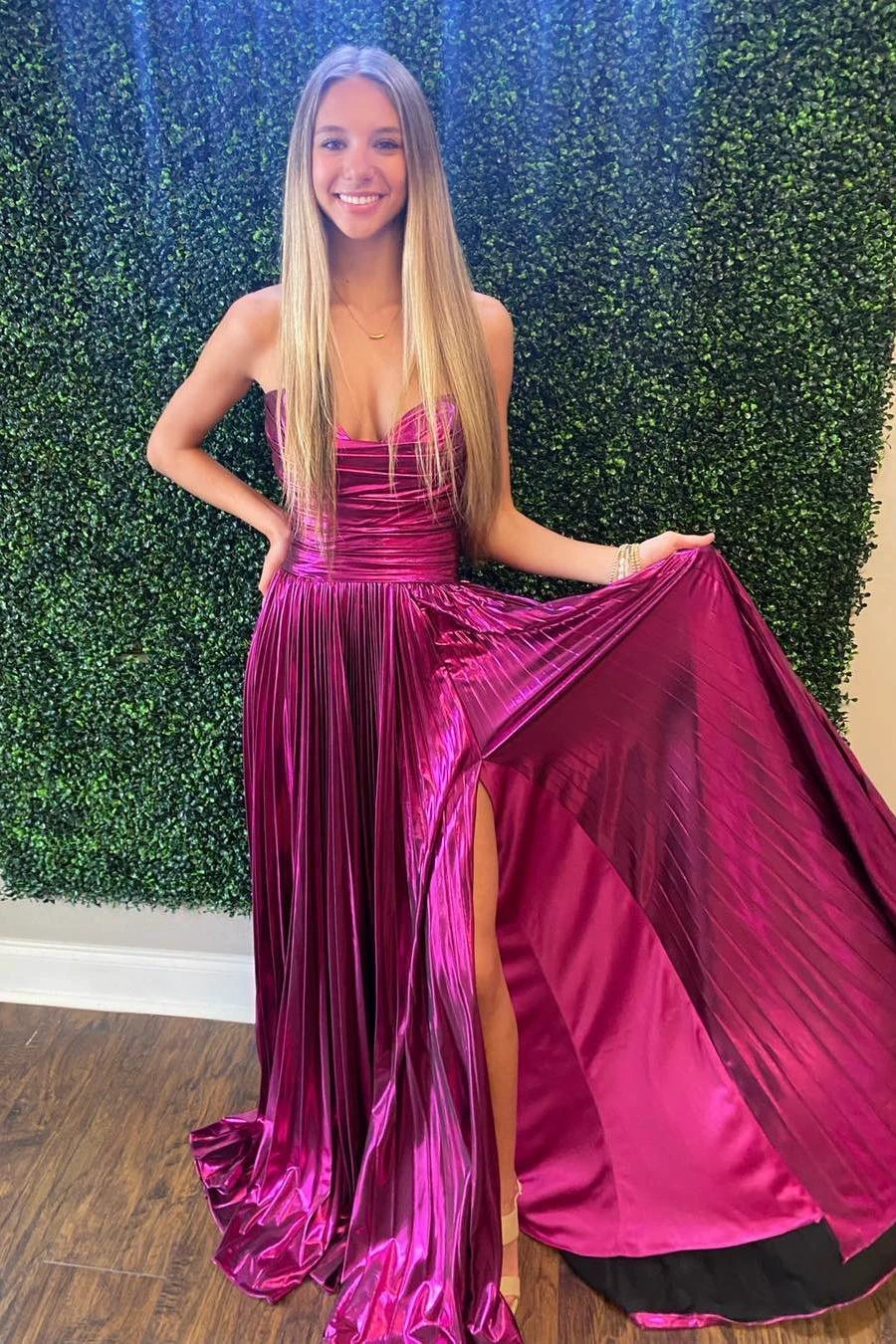 Oakley | Green Metallic Strapless Pleated A-Line Long Prom Dresses - Image 9