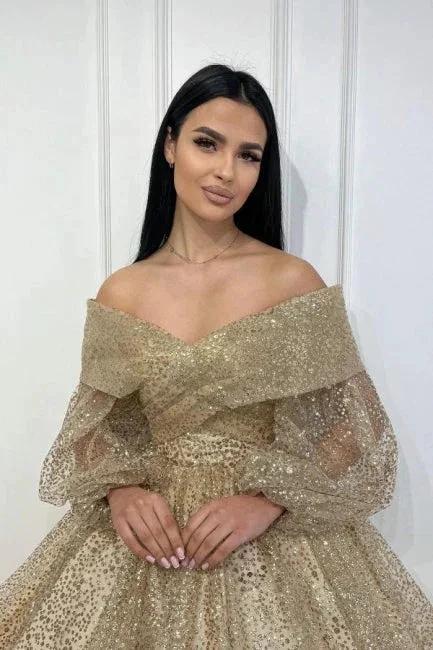 Obsessing Gold A-line Off-the-shoulder Sequined Prom Dress with Long Sleeves - Image 2