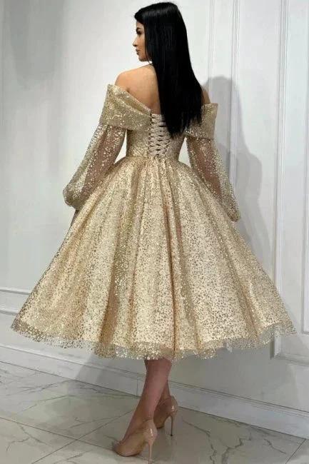 Obsessing Gold A-line Off-the-shoulder Sequined Prom Dress with Long Sleeves - Image 3