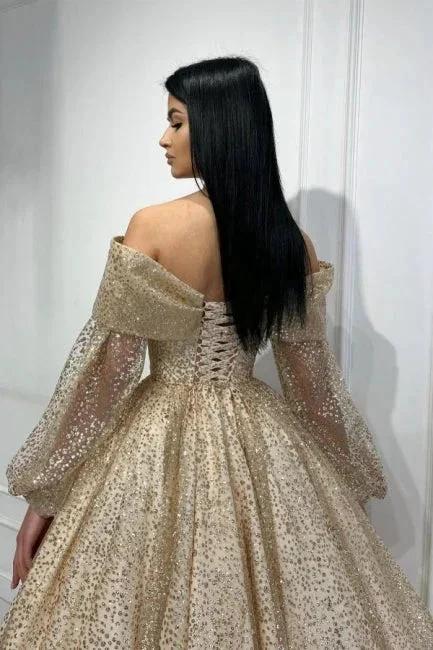 Obsessing Gold A-line Off-the-shoulder Sequined Prom Dress with Long Sleeves - Image 4