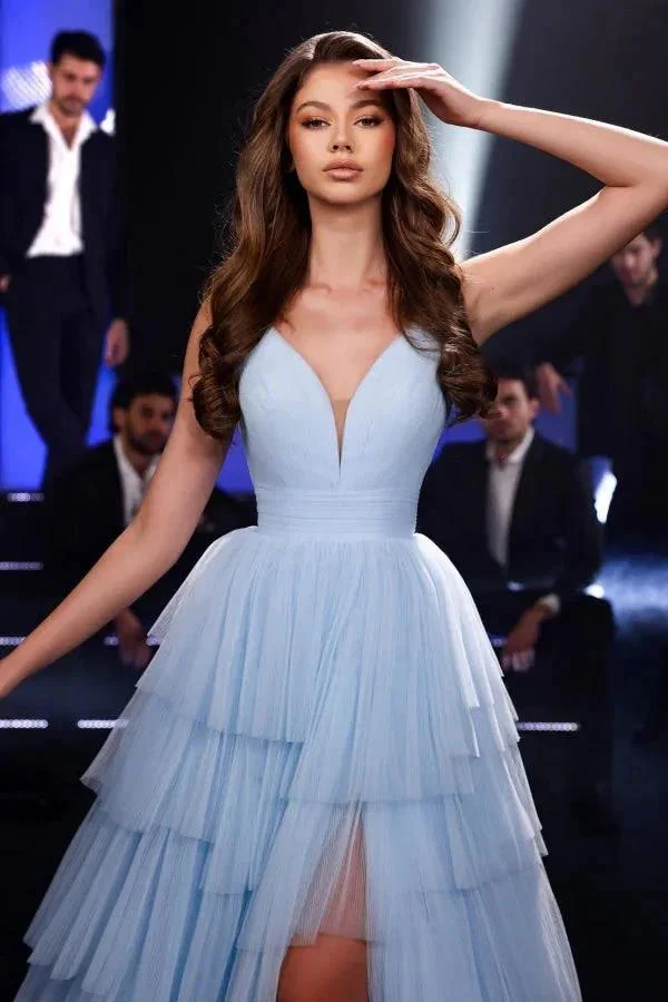 Obsessing Long Blue A-line Spaghetti Straps V-neck Tulle Prom Dress with Slit - Image 2