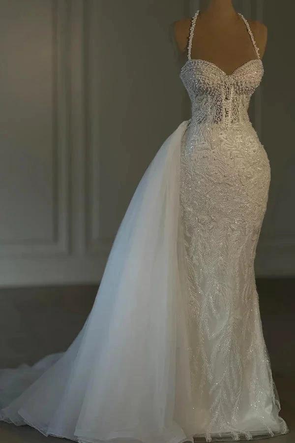 Obsessing Long Ivory Mermaid Halter Lace Beading Sleeveless Wedding Dress - Image 2