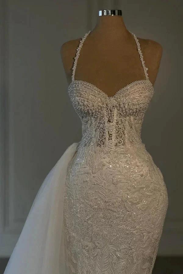 Obsessing Long Ivory Mermaid Halter Lace Beading Sleeveless Wedding Dress - Image 3